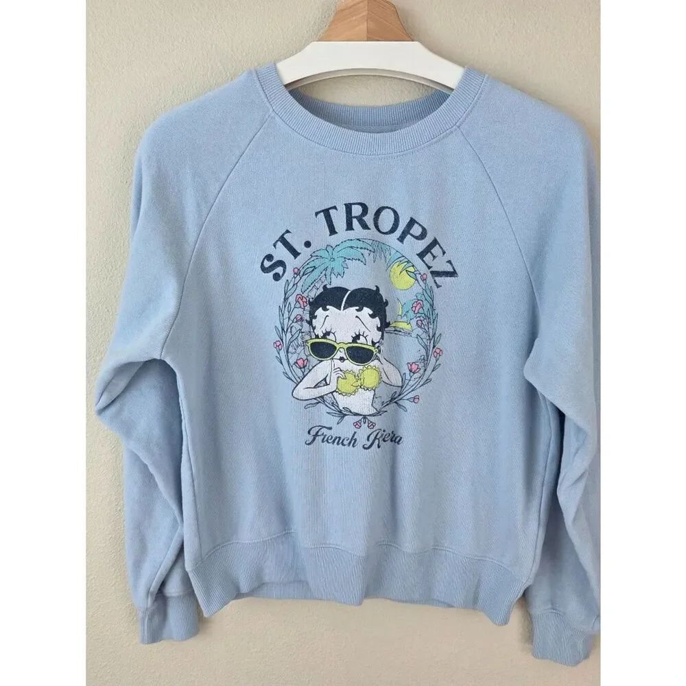 Betty Boop Oversized Crew Sweatshirt Size XS Blue St Tropez Graphic